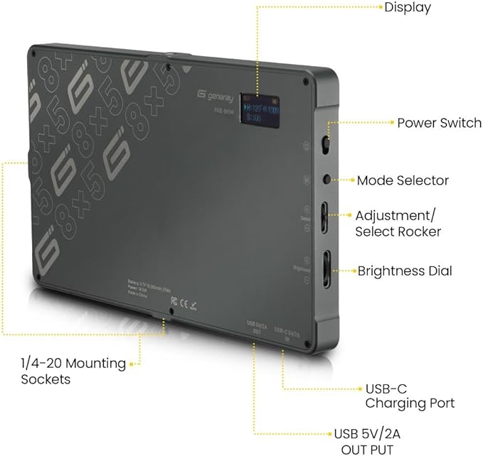 Pocket RGB Video Light Panel | 3.7V, 10000mAh Li-ion Rechargeable Battery | High CRI and TLCI | RGB LED Lights Controls | 2500 to 9900K CCT Range, Designed for Content Creators and Vloggers by GENARAY