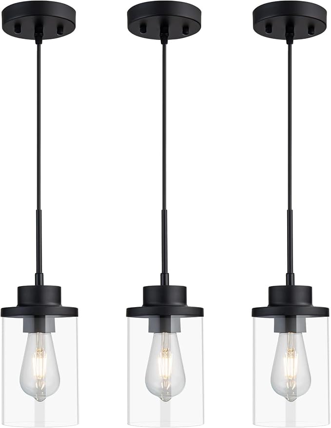 Modern Black Farmhouse Clear Glass Cylinder Pendant Light Fixture, Single Hanging Pendant Lighting for Kitchen Island, Dining Room, Bedroom & Hallway(3 Packs)