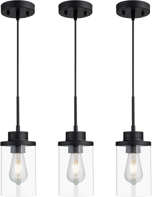 Modern Black Farmhouse Clear Glass Cylinder Pendant Light Fixture, Single Hanging Pendant Lighting for Kitchen Island, Dining Room, Bedroom & Hallway(3 Packs)
