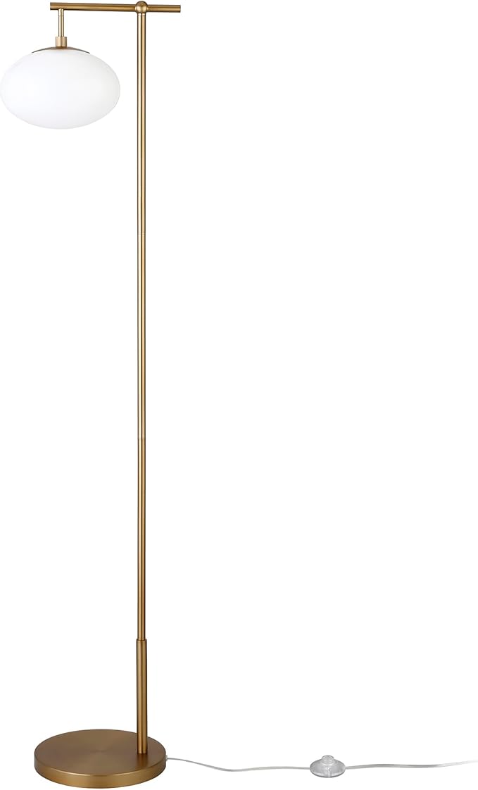 Henn&Hart 68" Tall Arc Floor Lamp with Glass Shade in Brushed Brass/Mil White, for Home, Living Room, Bedroom, Entertainment Room, Office, Kitchen, Dining