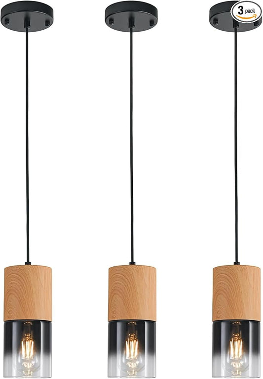3-Pack Modern Pendant Lights for Kitchen Island, Adjustable Black Pendant Light Fixtures with Raw Wood Grain, Industrial Glass Pendant Lights for Dining Table Hallway Bedroom Living Room