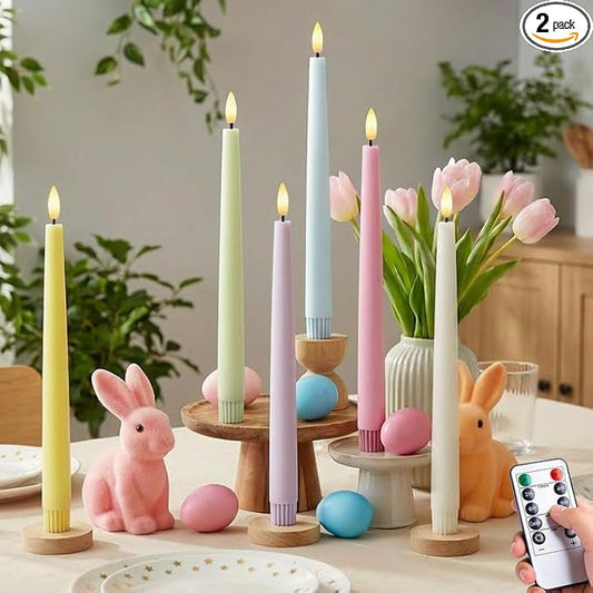 Easter Decorations, Easter Pastel Flameless Candles - Pastel Taper Candles Battery Operated with Timer and Remote Control, Home Table Decor, Wax, Macaron, 6pc