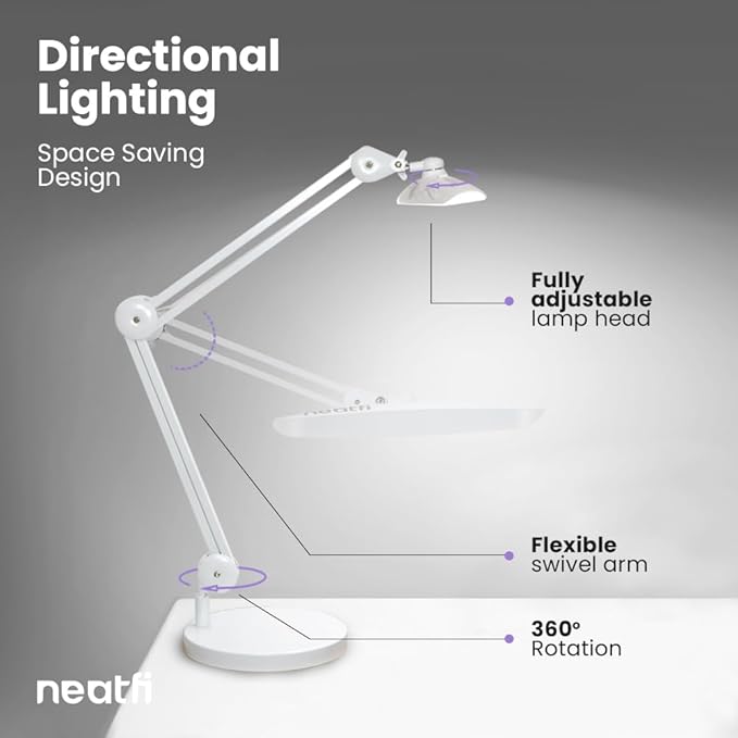Neatfi XL LED Desk Lamp with Base, 2200 Lumens, 24W, 20-Inch Wide Head, Dimmable 4 Brightness Levels, Task Light for Home Office, Crafts, Workbench (Non-CCT, White)