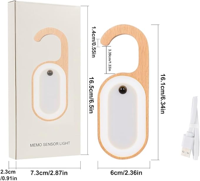 Wooden Message Memo Motion Sensor Door Key Night Light, Doorknob Board LED Door Lock Lamp, Rechargeable Doorhandle Warm Light Hook Design for Bedroom, Bathroom