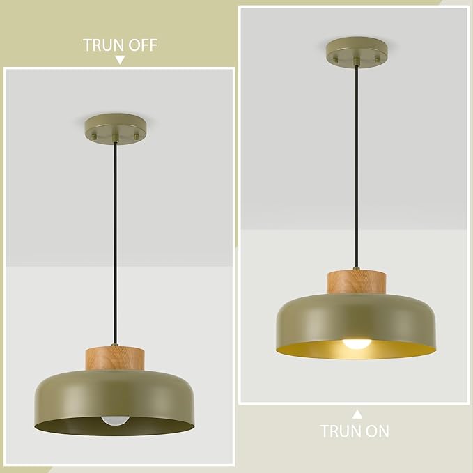 Modern Pendant Lights,12.6 inch,Naturl Wood,Adjustable Simple Pendant Lighting for Kitchen, Dining Room, Olive Green