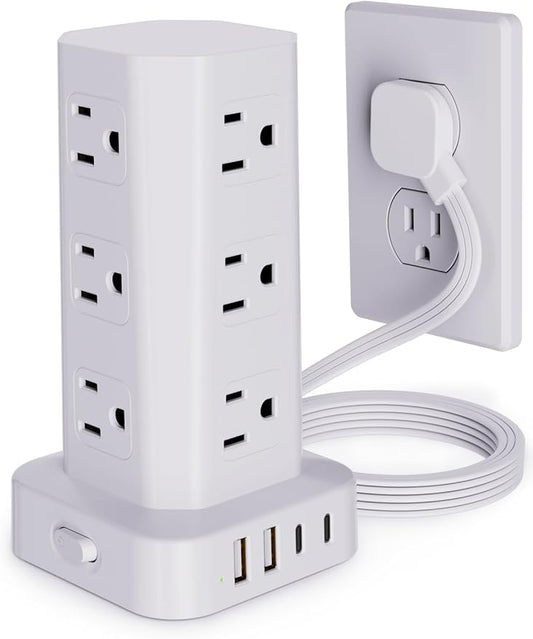 Power Strip Tower Surge Protector, 6FT Flat Plug Extension Cord with Multiple Outlets, 12 AC Outlets 4 USB (2 USB C), Desktop Charging Station with Surge Protection for Home Office Dorm Room, White