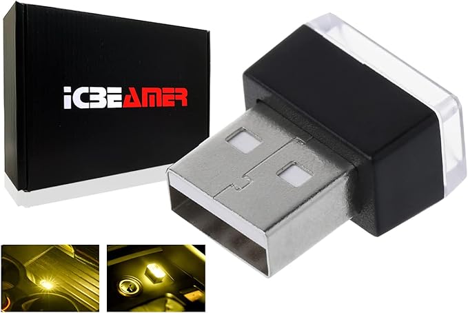 ICBEAMER Universal USB Interface Plug-in Miniature Night Light LED, Color: Yellow | for Car Interior and Trunk Ambient Atmosphere
