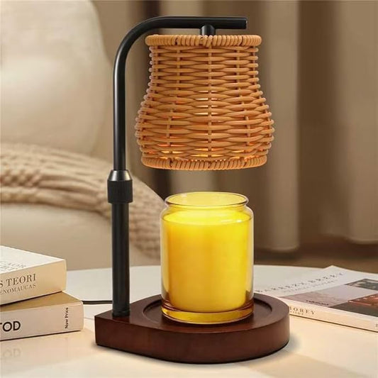 Candle Warmer Lamp with Timer & Dimmer - Electric Wax Melt Warmer with Adjustable Height for Scented Candles, Rattan Design for Home Decor, Ideal Gift for Women, Housewarming (Gold)