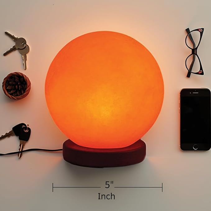 Himalayan Salt Lamp Globe – 5-Inch Hand-Carved Crystal Rock Sphere Moon with Wooden Base & UL-Listed Dimmer Cord – Warm Ambient Light for Bedroom, Office, Home Décor, Gift Ready
