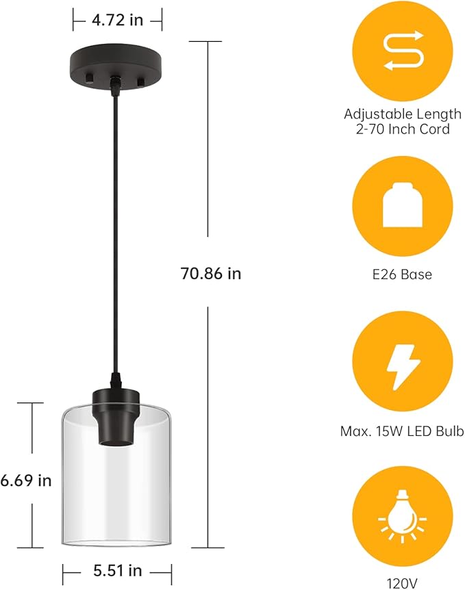 BoostArea Modern Pendant Light Fixtures, Industrial Hanging Ceiling Lamp with Clear Glass Shade, Farmhouse Black Pendant Lighting for Kitchen Island Decor Living Room Hallway Bedroom Dining（2 Pack）