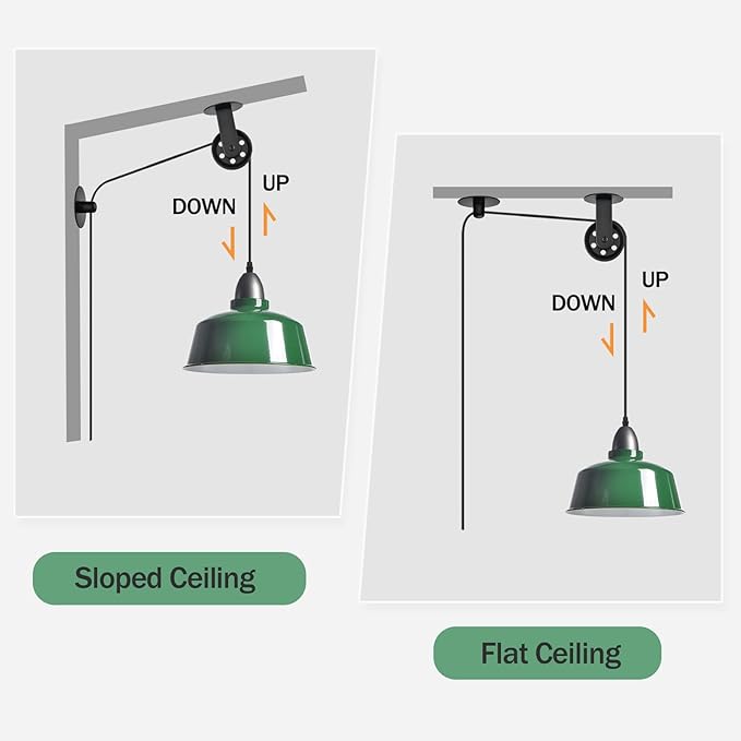 Plug in Pendant Light, Green Farmhouse Hanging Lights with Plug in Cord, Pulley Hanging Lamp, Industrial Pendant Lights Fixture for Kitchen Island, Bedroom, Dining Room, Living Room, Office