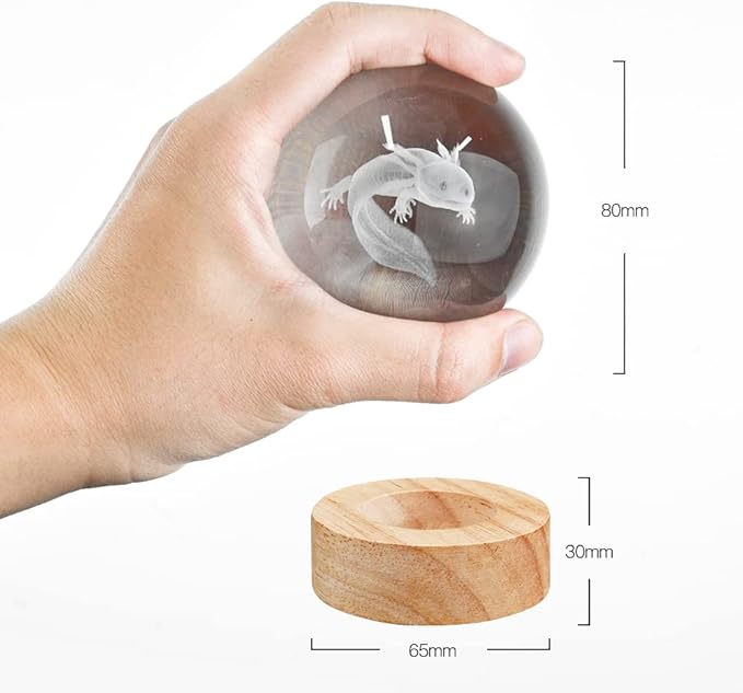 3D Axolotl Crystal Ball Night Light with 16 Color LED Wooden Base, Upgraded 3.15 Inch Axolotl Glass Ball Lamp with Remote Control Cool Desk Decor Gifts for Kids Girls Boys Friends Fans