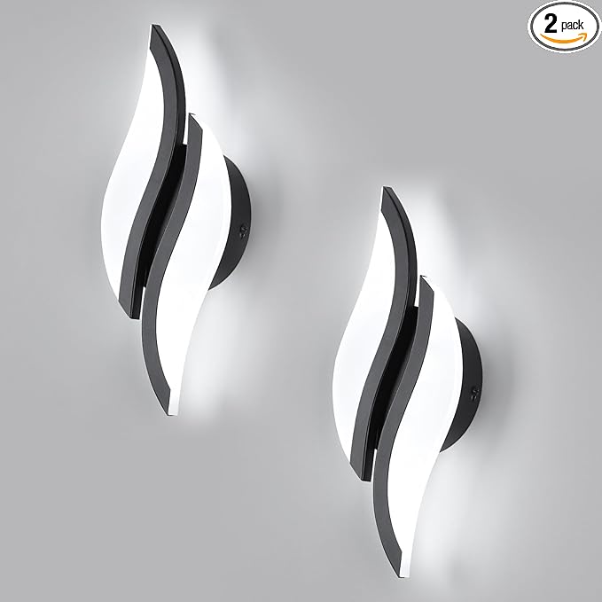 Modern LED Wall Sconces Set of 2, 6000K Black Indoor Wall Light Fixtures Acrylic Wall Sconce Lighting for Living Room Bedroom Bedside Bathroom Hallway Stairway Wall Lamp (Black)