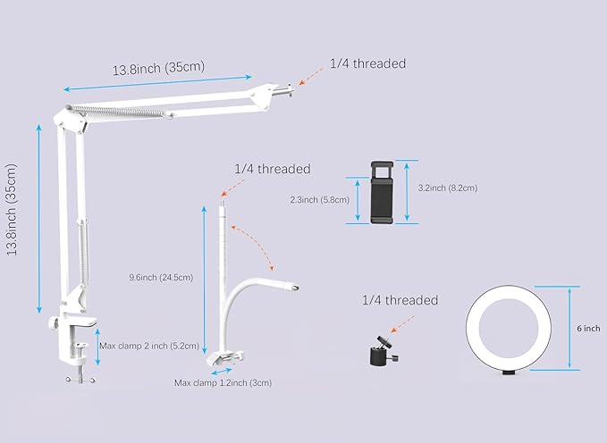 White Overhead Camera Mount with Ring Light, Desk Flexible Articulating Phone Arm Stand Compatible with iPhone, Content Creator Essentials for YouTube Live Stream Cooking Nail Video Recording