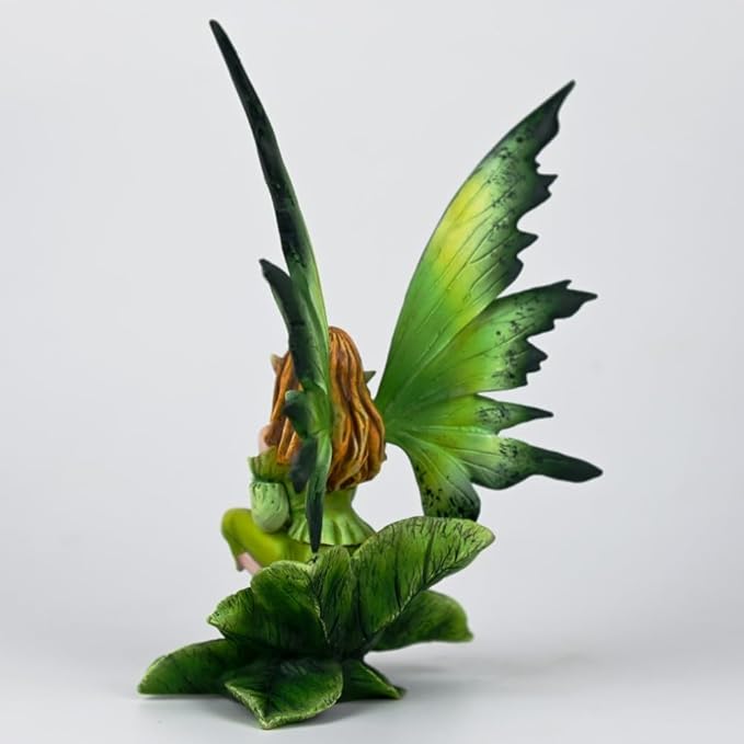 Fantasy Leaf Base Fairy Figurine, 5.9 Inch Green Elf Statue, Hand-Painted Resin Indoor Outdoor Decor for Garden, Desk, Plant Pot (Green Gradient)