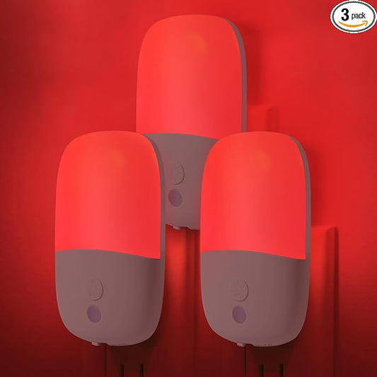 670nm Red Night Light with Retractable Plug [3 Pack] - Zero Blue Light, with Dusk to Dawn Sensor - Auto On/Off 0.3W LED Night Light Plug into Wall Pefect for Bedroom,Bathroom,Nursery,Hallway