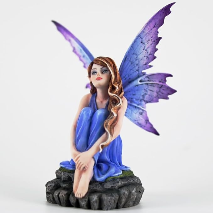 Fantasy Blue-Purple Fairy Figurine, 6.1 Inch Gradient Wings Elf Statue, Hand-Painted Resin Decor with Rock Base for Indoor, Garden, Desk