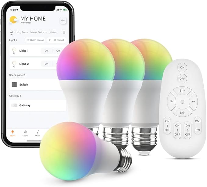 BroadLink Smart Bulbs Lighting Kit with Remote Control - 9W A19 Bluetooth Color Changing Light Bulbs with Music Sync, Compatible with Alexa, Google Home