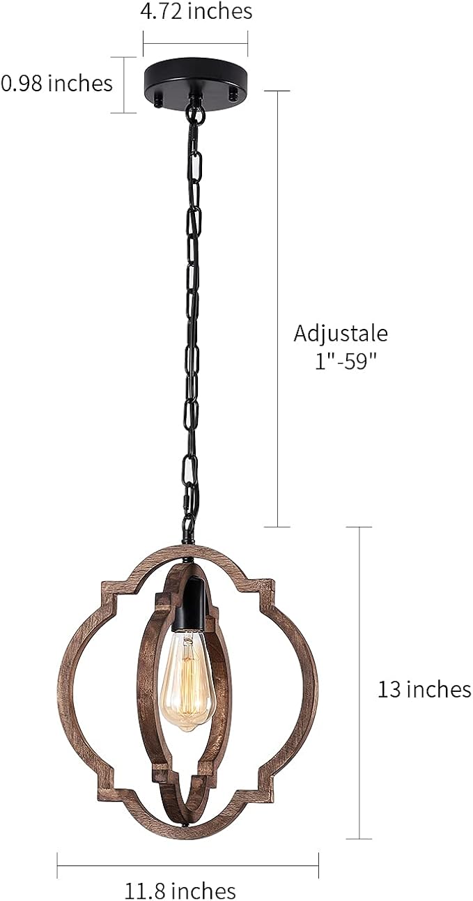1-Light Farmhouse Wood Chandelier,Rustic Retro Pendant Light.Adjustable Height Handmade Rustic Light Fixture for Foyer, Dining&Living Room, Kitchen Island, Entryway, Breakfast Area(Colour: Black)