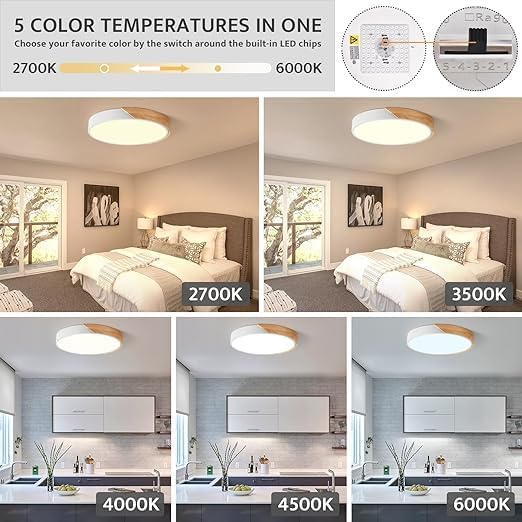 Vikaey Modern Dimmable LED Ceiling Light, Minimalist Wood Style 5CCT 2700K-6000K Flush Mount Ceiling Light Fixture, Round Lighting Lamp for Bedroom Living Room Dining Room Laundry, White, 15.8"