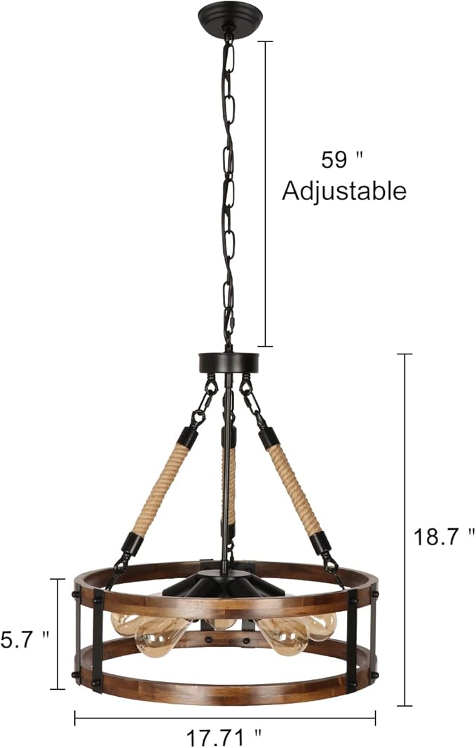 Farmhouse Rustic Chandelier Light Fixture, 5-Light Round Wooden Chandelier, Decorative Lighting Fixture for Dining Room Kitchen Island Breakfast Area
