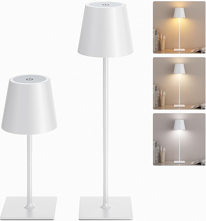 Kakanuo White Gold Cordless Rechargeable Table Lamp 5000mAh Battery Operated Lamps, 3 Colors Stepless Dimming Touch Lamp for Living Room, Kitchen Counter, Dining, Outdoor Patio, 2 Pack