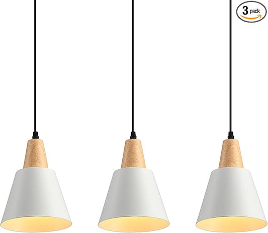 2 Pack Pendant Lights, White Pendant Lights Kitchen Island,Wood Dome Minimalist Industrial Ceiling Hanging Lights for Kitchen Island, Barn, Dining Room, Living Room, Bedroom