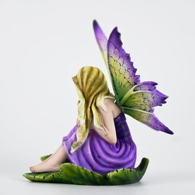 Fantasy Purple-Green Gradient Wings Fairy Figurine, Leaf Base Elf Statue, Hand-Painted Resin Decor for Mini Fairy Garden, Desk & Succulent Display