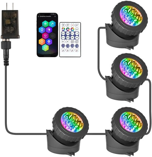 T-SUN Color Changing Pond Lights LED Underwater Fountain Lights with Bluetooth APP Control, IP68 Waterproof Submersible Spotlight for Aquariums, Fish Tanks, Pools, Garden and Yard Ponds (Set of 4)