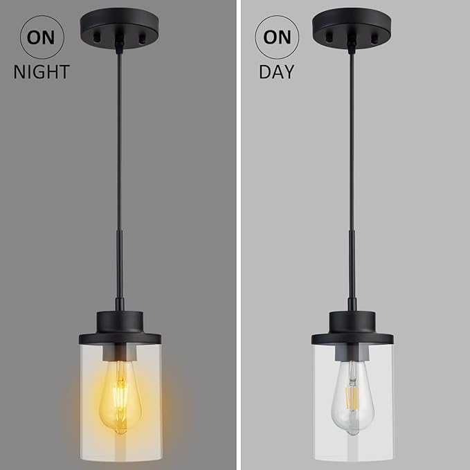 Modern Black Farmhouse Clear Glass Cylinder Pendant Light Fixture, Single Hanging Pendant Lighting for Kitchen Island, Dining Room, Foyer & Hallway(2 Packs)