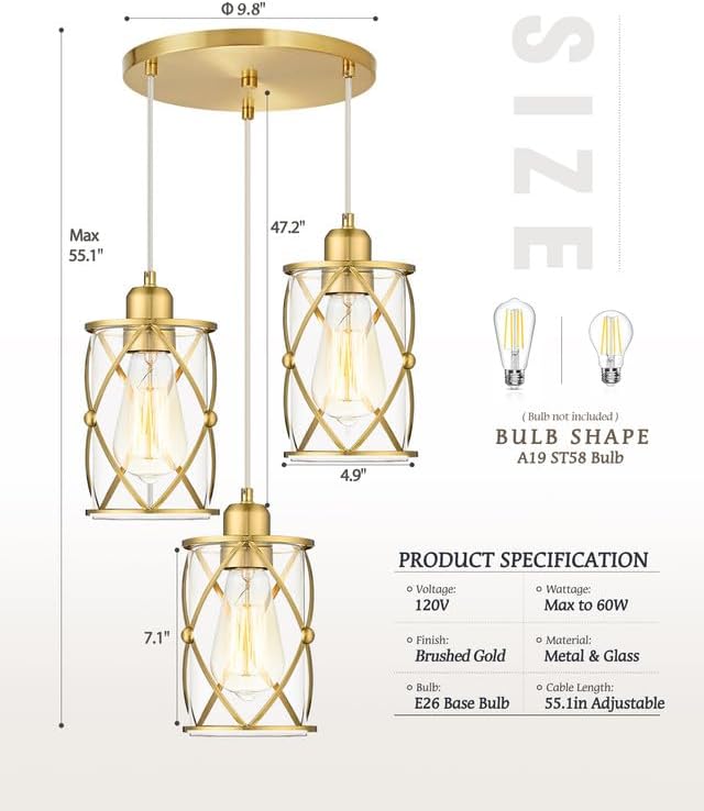 Brushed Gold Dining Room Chandeliers Light Fixtures, Modern 3-Light Pendant Lighting with Clear Glass, Farmhouse Cluster Kitchen Hanging Lights for Sink Bedroom, CH9176BG3