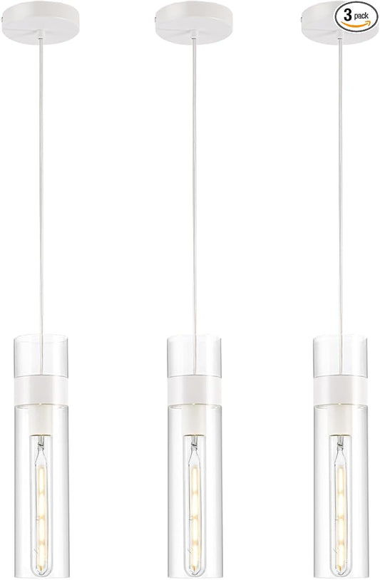 3 Pack Pendant Lights Kitchen Island (Bulbs Included), White Adjustable Modern Glass Pendant Light Over Island, Industrial Pendant Light Fixtures for Dining Room Hallway Bedroom Living Room