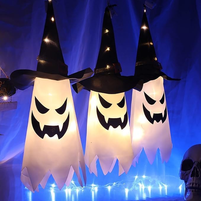 32 inches Giant Halloween Decorations Large Outdoor Decor Hanging Lighted Glowing Ghost Witch Hat Indoor Outside Ornaments Clearance Party Lights String for Yard Tree Garden(3Pcs)