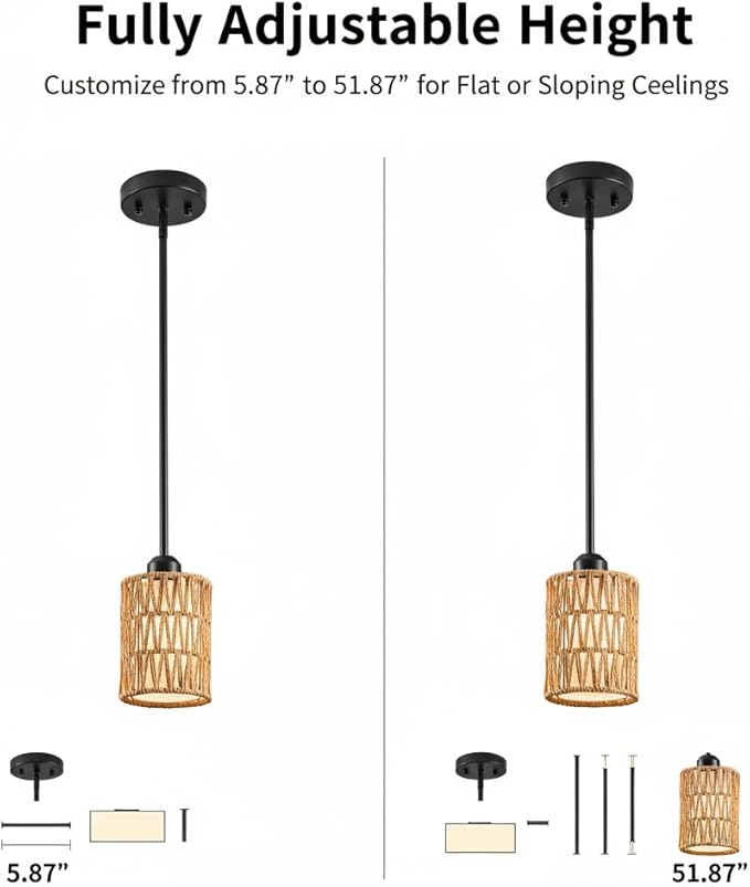 Pendant Light Boho Hanging Lamp - Rattan & Linen 2-in-1 Shade, Adjustable Hanging Lights Fixture for Kitchen Island, Dining Room, Farmhouse, Bedroom (3 Pack)