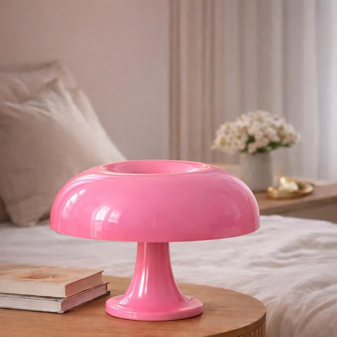 Pink Mushroom Lamp, Mid Century Modern Table Lamp for Bedroom, Minimalist Mushroom Decor Bedside Small Lamps, 2700K(Bulb Included, Plug Powered)