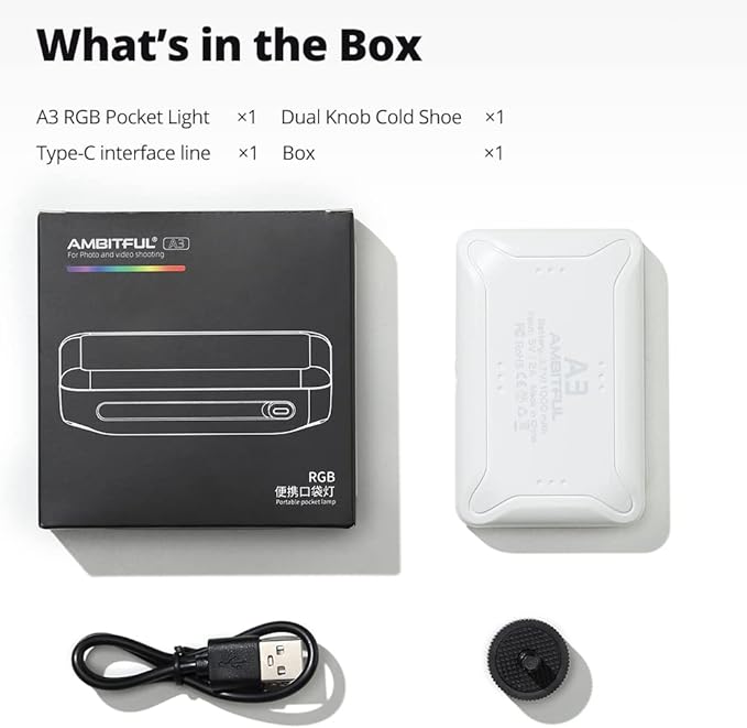 AMBITFUL A3 Full Color RGB LED Mini Light, Built-in FX Effects,350LX(0.5M,5500K) RA/95 TLCI/97,2800-6800K LED Video Light Panel with Mobile APP Control (White)