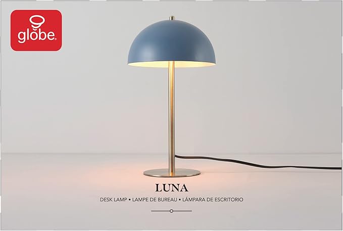 Globe Electric 52942 15" Blue Desk Lamp with Brass Accents, in-Line On/Off Rocker Switch, Ideal for Bedroom, Office Decor, Home Essentials, Reading Light, LED Bulb Compatible