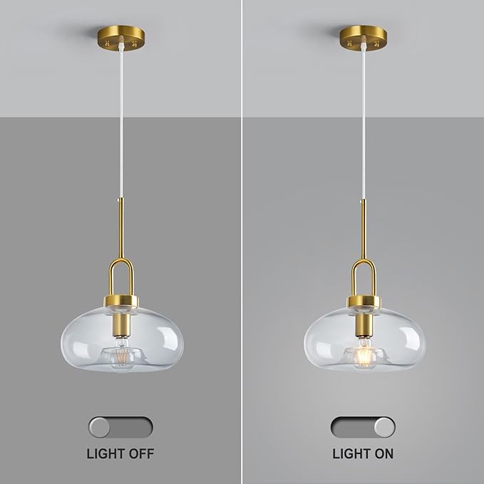 Clear Glass Pendant Lights Kitchen Island Gold Pendant Light Fixtures Adjustable Height Modern Pendant Lighting for Bedroom Dining Room (1-Pack)