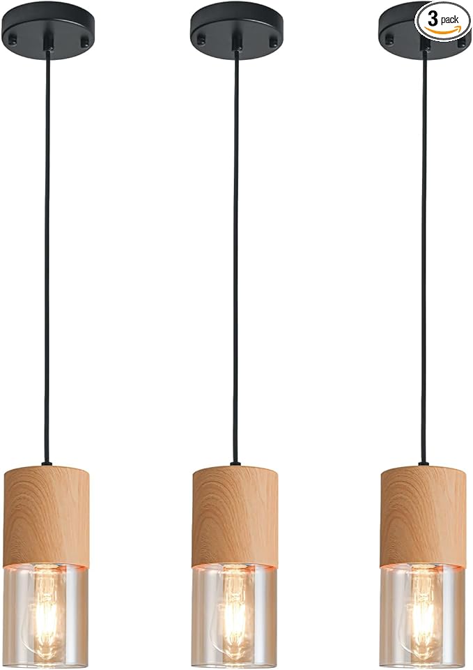 3-Pack Gold Pendant Lights for Kitchen Island, Adjustable Modern Pendant Light Fixtures with Raw Wood Grain, Industrial Amber Glass Pendant Lights for Dining Table Hallway Bedroom Living Room