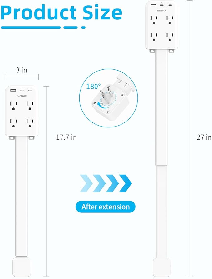 Electrical Outlet Extender Stick with USB Ports(2 USB C), 180° Rotating Extendable Wall Plug with 4 AC Outlet, Adjustable 17.7"-27" Extendable Power Strip Stick for Behind Couch, Desk and Bed