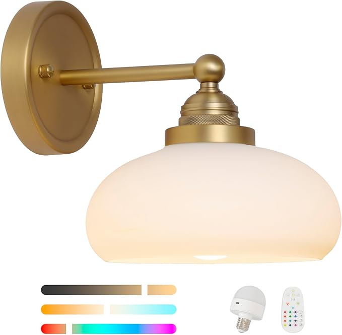 HEQIQEH Battery LED Wall Sconce Antique Brass Vintage Wall Light with Opal Oval Glass Shade, Timer Remote Control, Cordless Installation, Ideal for Bedroom & Entryway
