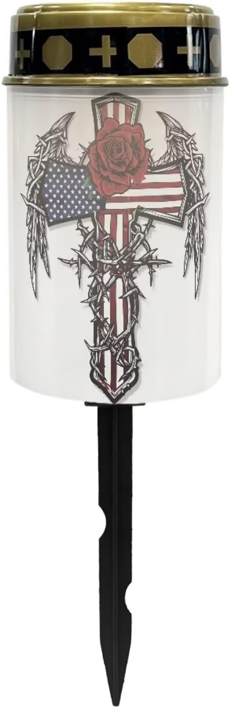 American Cross Wings Solar Lights for Cemetery Flameless Led Electronic Candles 4th of July Solar Lights for Cemetery Grave Solar Pathway Lights Outdoor