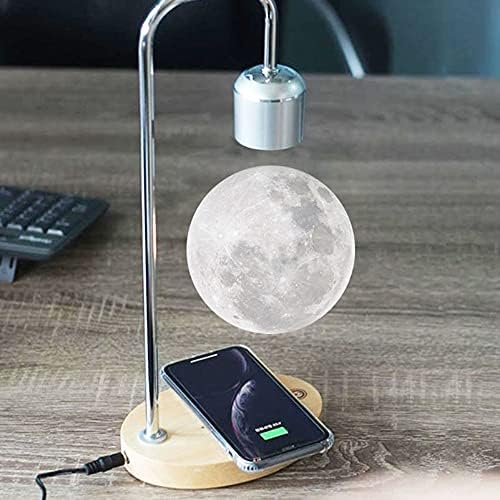 Unique Modern Levitating Lamp with Floating Light and Built-in Qi Wireless Charger, Simplistic and Innovative Design, Warm Decorative Night Light (Silver Moon)