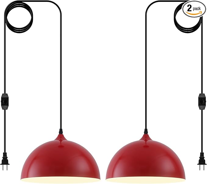 Red Plug in Pendant Light 2 Packs 11.8inch 14.7 ft, Farmhouse Pendant Light, Kitchen Pendant Lights, Pendant Lights Kitchen Island, Hanging Lights with Plug in Cord for Dining Room, Bedroom
