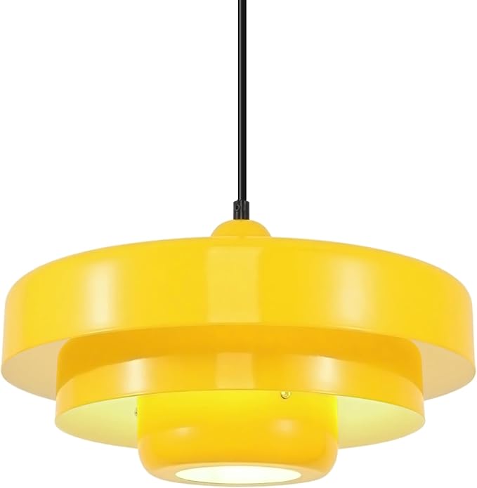 Mid Century Yellow Flush Mount Pendant Light, 3-Layer Metal Industrial Chandelier for Kitchen Island, Dining Room, Foyer, Retro Vintage Ceiling Light Fixture