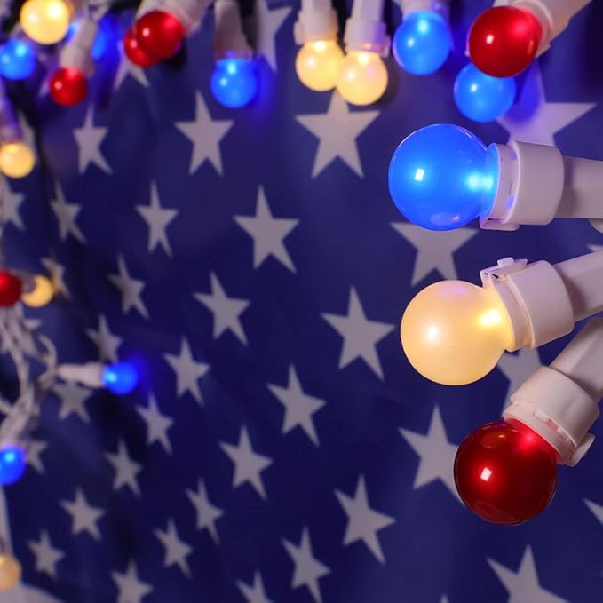 Red White Blue Christmas Lights White Wire - G15 Glass 50 Count 4th July Decoration Patriotic Mini String Lights for Indoor Outdoor Xmas Holiday Party Patio Independence Day Decoration
