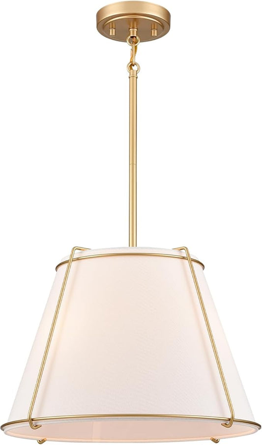 Cone Pendant Light Fixture with Metal Lantern Fabric Drum Shade 16" White and Gold Chandeliers for Kitchen Dining Room Living Room Bedroom