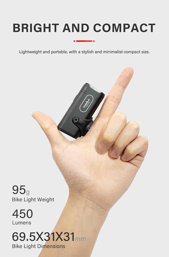 TOWILD CL450 Bike Lights for Night Riding, 450 Lumens, USB-C Rechargeable, Aluminum Alloy, IPX6 Waterproof
