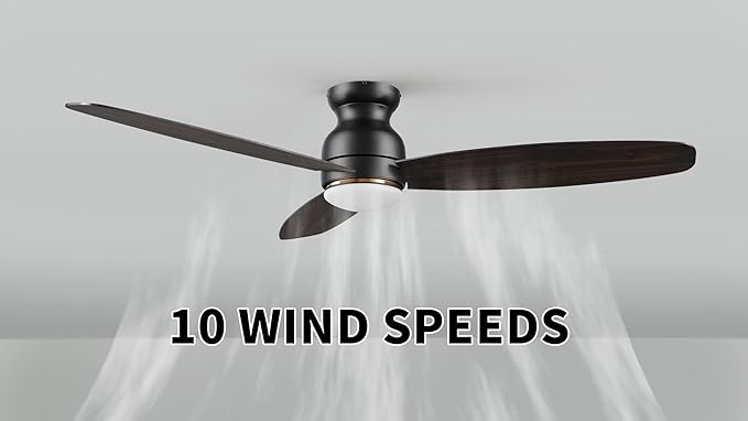CEME 60 Inches Black Ceiling Fan with Light Flush Mount, DC 10 Speeds Silent Ceiling Fan with Remote, 3 Dual Finish Blades, 3 Light Colors Dimmable LED for Living Room, Bedroom
