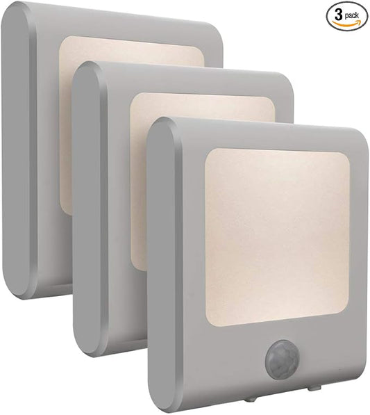 [3Pack] Vintar Motion Sensor Dimmable LED Night Light, Plug-in Nightlight with Auto Dusk to Dawn Sensor, Adjustable Brightness Warm White Lights for Hallway, Kids Room, Kitchen, Stairway, Bathroom